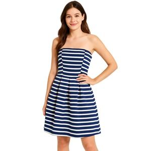 Gap Strapless Dress 2 Blue‎ White Striped Pleated Fit Flare Short Length Classic